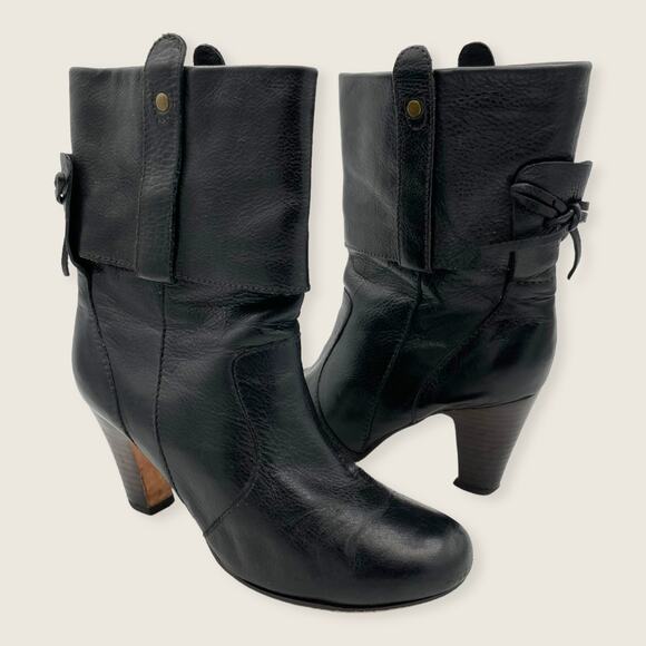 Dolce Vita Black Leather Bow Faux Fold Over 3" Stacked Heel Ankle Boots 6.5 - Picture 1 of 7